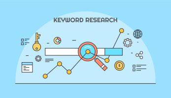 Cartoon imagery of keyword research with different analytical icons