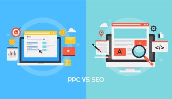 Cartoon imagery of computer screens with different analytics displayed and a caption of PPC vs SEO