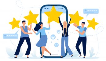 Cartoon imagery of four people celebrating five star reviews