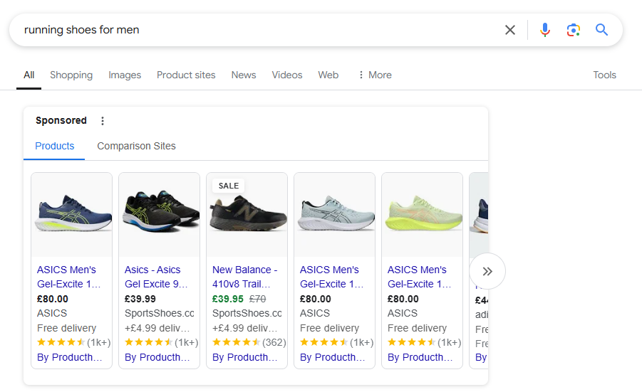 A screenshot of ecommerce products in an image carousel on Google.